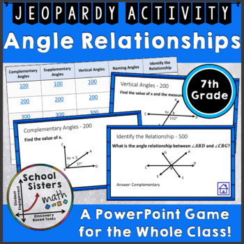 Preview of 7th Grade Angle Relationships Jeopardy Review Game Activity