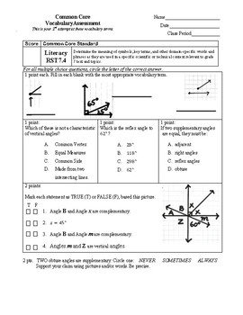 Preview of 7th Grade Angles Vocabulary Assessment v2
