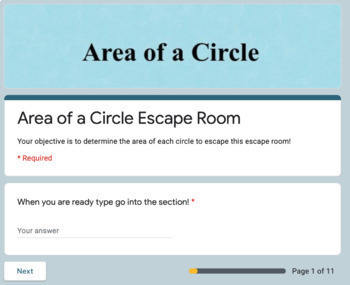 Preview of 7th Grade Area of a Circle Escape Room!!!!! Distance Learning