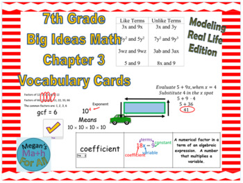 Preview of 7th Grade Big Ideas Math Chapter 3 Vocabulary Cards-Common Core-MRL-Editable