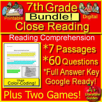 Preview of 7th Grade Reading Comprehension Passages and Questions Text Evidence Activities
