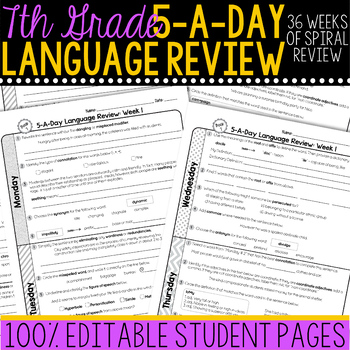 Preview of 7th Grade Daily Language Spiral Review Morning Work [Editable]