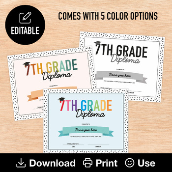 Preview of 7th Grade Diploma, Editable & Printable Graduation Certificates, 5 color options