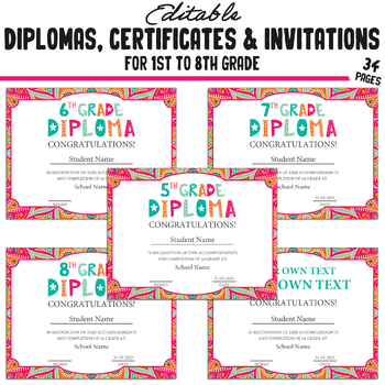 Preview of 7th Grade Diplomas, Editable Certificates for 1st-8th Grades, and Invitations