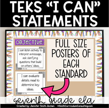 Preview of 7th Grade ELA TEKS I Can Statements - Objective Posters - Black and White
