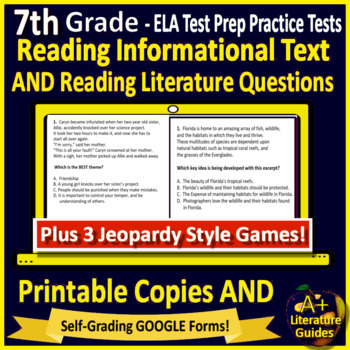 Preview of 7th Grade ELA Test Prep Practice Tests and Games - Printable and Google Forms