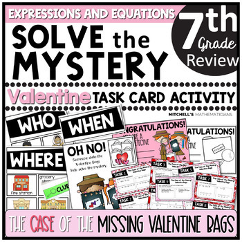 Preview of 7th Grade EXPRESSIONS & EQUATIONS Solve The Mystery Valentine Holiday Task Cards