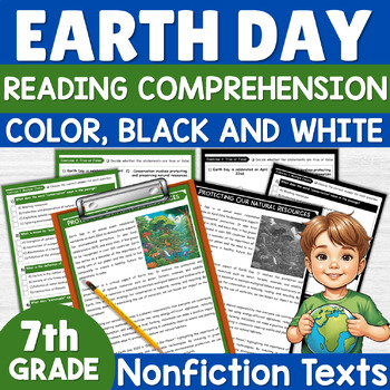 Preview of 7th Grade Earth Day Reading Comprehension Passage and Questions April Activities