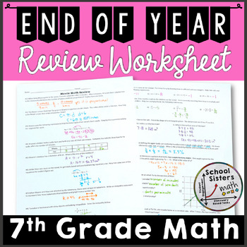 Preview of 7th Grade End of Year Math Review Worksheet Multiple Topics