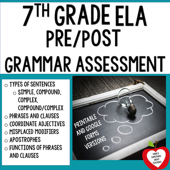 Preview of 7th Grade English Grammar Pre and Post Tests Printable and Google Forms