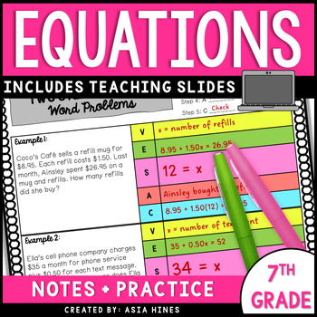 Preview of 7th Grade Solving 2 Step Equations Guided Notes and Practice Worksheets