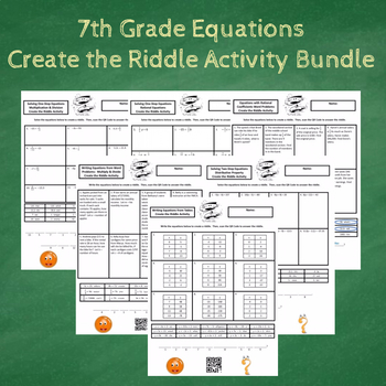 Preview of 7th Grade Equations with Word Problems Create the Riddle Activity Bundle