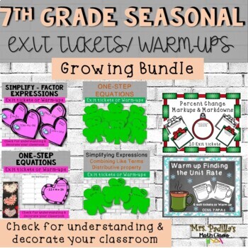 Preview of 7th Grade Exit Tickets | Warm ups | Growing Bundle