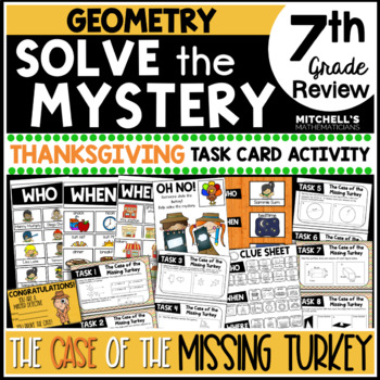 Preview of 7th Grade GEOMETRY Solve The Mystery Thanksgiving Task Card Activity