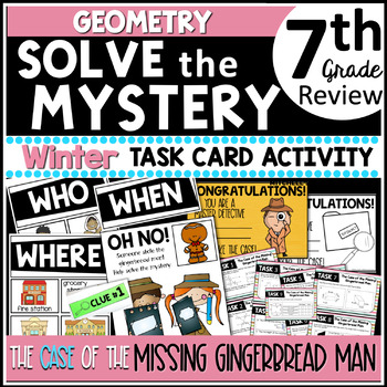 Preview of 7th Grade GEOMETRY Solve The Mystery Winter Task Cards Activity