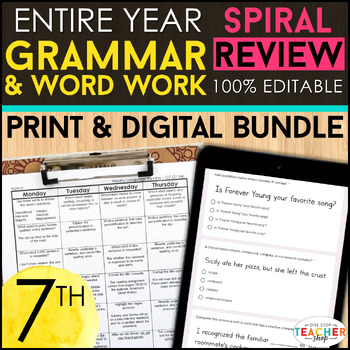 Preview of 7th Grade Grade Language (Grammar) Spiral Review & Quizzes | DIGITAL & PRINT