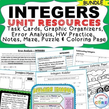 INTEGERS Task Cards, Error Analysis, Notes, Graphic Organizer, Puzzles BUNDLE