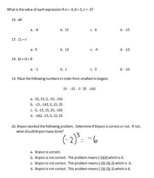 7th grade integers test math common core by rebecca sims