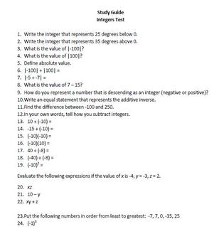 7th Grade Integers Test - Math Common Core by Rebecca Sims | TpT