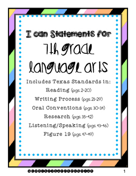 Preview of 7th Grade Language Arts I Can Statements (Updated 2019 Texas Standards, TEKS)