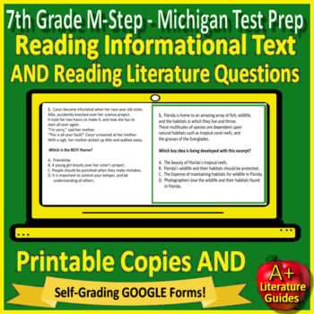 Preview of 7th Grade M-Step Test Prep Reading Print & SELF-GRADING GOOGLE! Michigan MSTEP