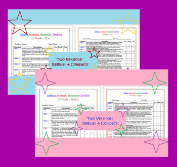 Preview of 7th Grade MATH & ELA Indiana Standards Student Checklists BUNDLE!