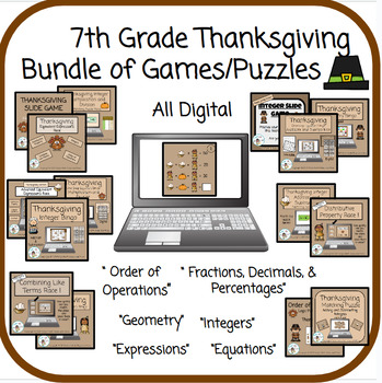 Preview of 7th Grade Math - 15 Thanksgiving Puzzles and Games