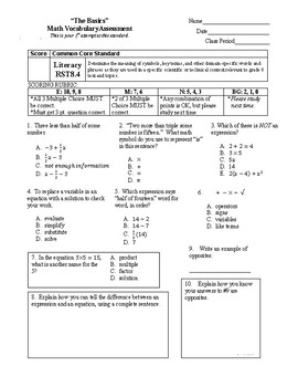 Preview of 7th Grade Math Basic Vocabulary Assessment v1