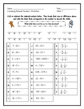 7th grade math common core add subtract rational numbers puzzle worksheet