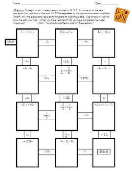 7th Grade Math Common Core: Simplifying Rational Expressions Maze Worksheet