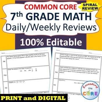 7th Grade Daily / Weekly Spiral Math Review {Common Core} - 100% Editable