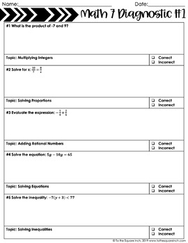 7th Grade Math Diagnostic Quizzes by To the Square Inch- Kate Bing Coners