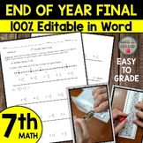 7th Grade Math End of Year Final 100% Editable