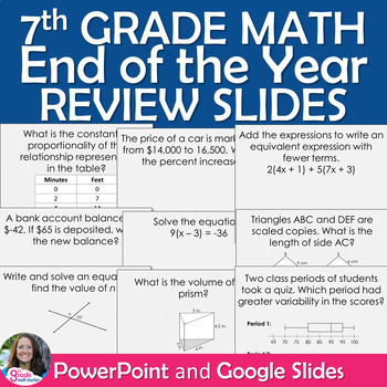 Preview of 7th Grade Math End of the Year Review EDITABLE Slides