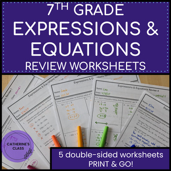 Preview of 7th Grade Math Expressions & Equations Review Worksheets