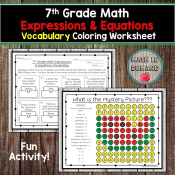 7th grade math expressions equations vocabulary coloring worksheet