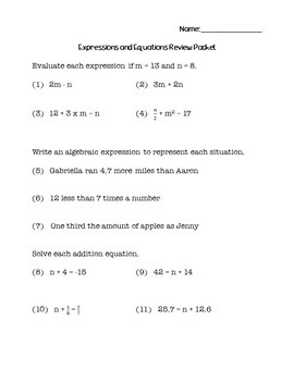 7th grade math expressions and equations review packet printed and digital