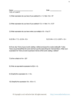 7th grade math expressions and equations unit worksheets quizzes unit test
