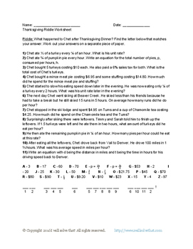 7th grade math free thanksgiving themed chet s riddle worksheet