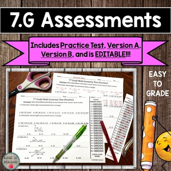 Preview of 7th Grade Math Geometry Multiple Choice Assessments Tests (Editable)
