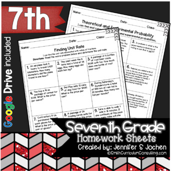 Preview of 7th Grade Math Homework Printable & Google Drive Digital - Math Worksheet
