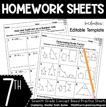 Preview of 7th Grade Math Homework Sheets for Full Year EDITABLE Template Practice Sheets