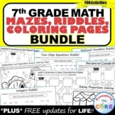 7th Grade Math Mazes, Riddles, Color by Number BUNDLE Print, Digital