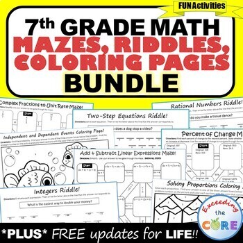 Preview of 7th Grade Math Mazes, Riddles, Color by Number BUNDLE : end of year