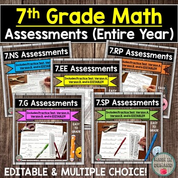 Preview of 7th Grade Math Multiple Choice Assessments Editable Tests