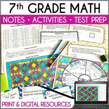 Preview of 7th Grade Math Guided Notes, Spiral Review, Test Prep, and Activities Bundle