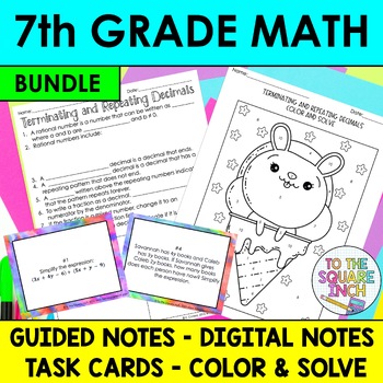 Preview of 7th Grade Math Notes and Activity Bundle | Notes | Task Cards | Color by Number