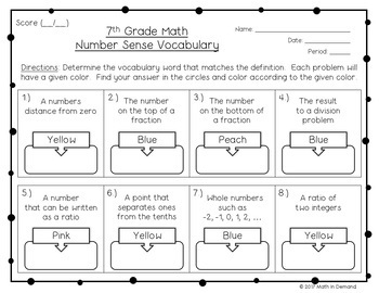 7th grade math number sense vocabulary coloring worksheet by math in demand