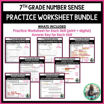 Preview of 7th Grade Math Number Sense Practice Worksheets Bundle