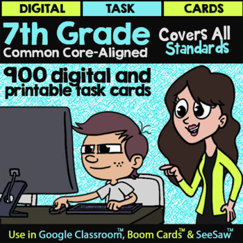 Preview of 7th Grade Math Review Task Cards | CCSS-Aligned Digital & Printable Activities